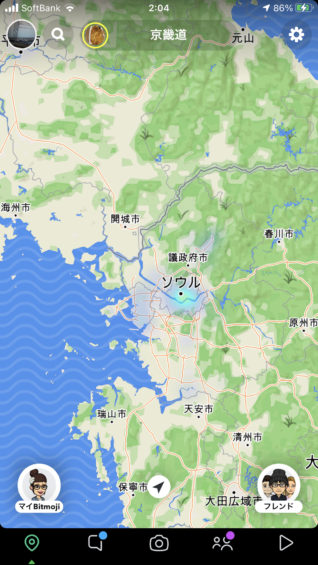 Snapchatの地図で見る韓国のソウル周辺